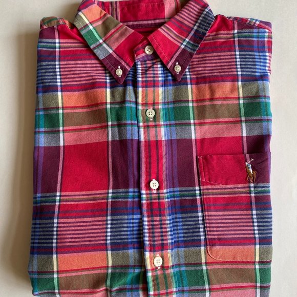 Polo Ralph Lauren Classic Fit Plaid Oxford Short Sleeve Button Down Shirt Red - Picture 1 of 3